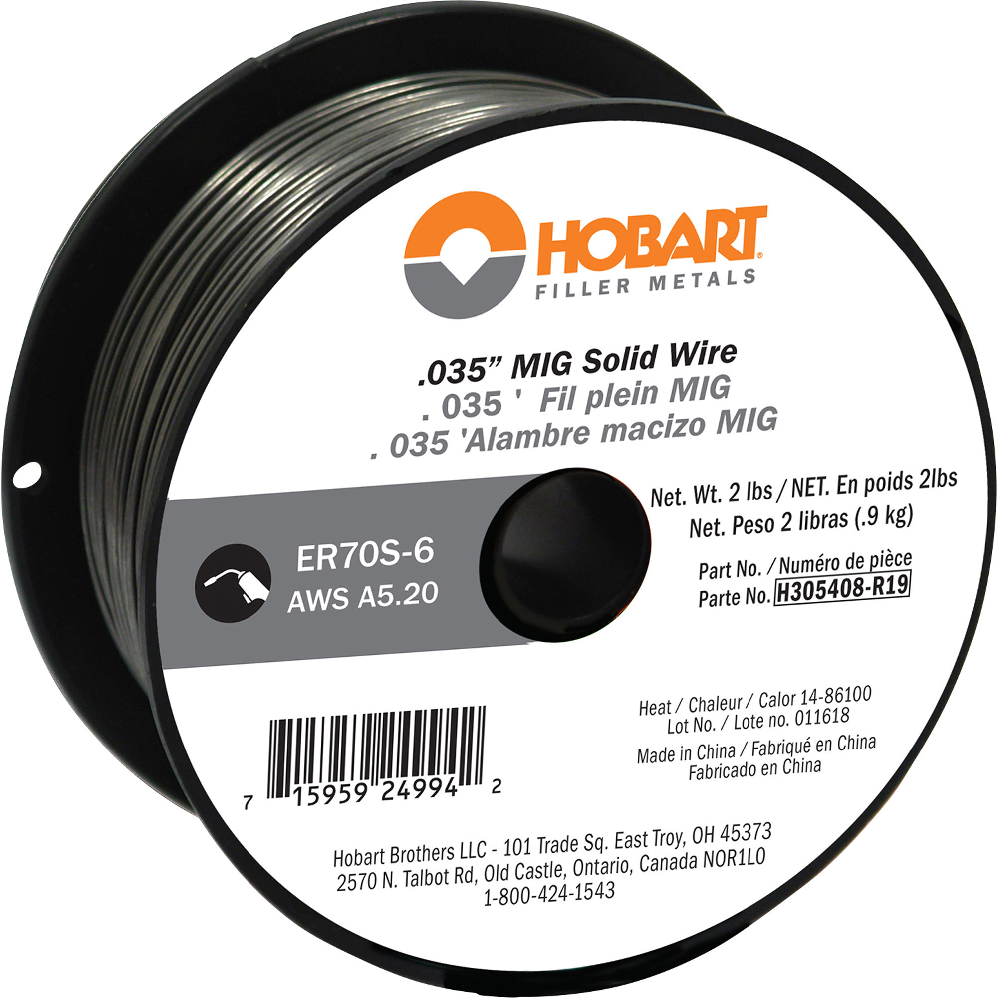 Hobart MIG Welding Wire, ER70S-6 Carbon Steel, .035in., 2-Lb. Spool, Model# H305408-R19